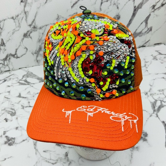 Ed Hardy Tiger OrangeMulticolor Rhinestone Trucker Hat NWT
